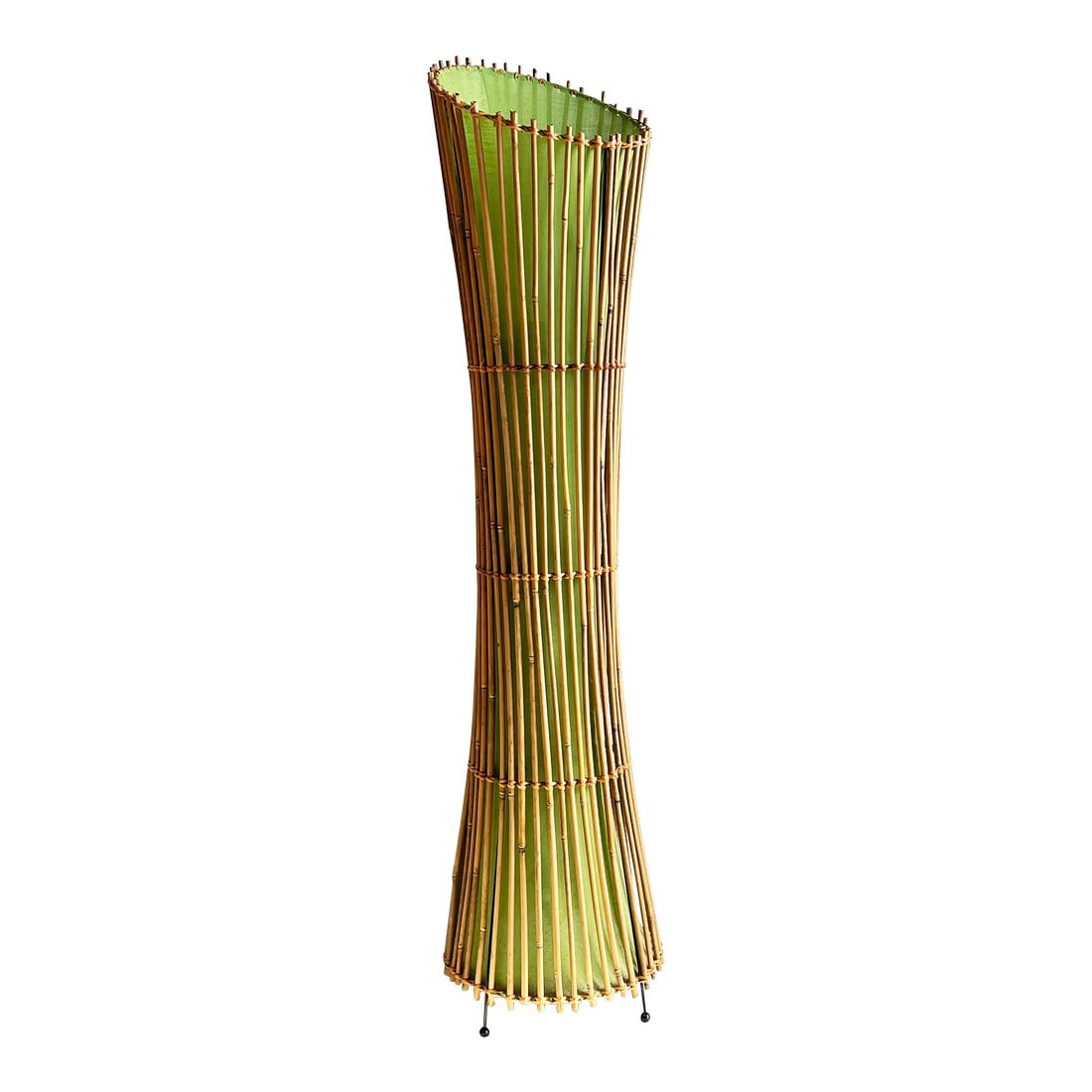 Vintage Mid Century Style BoHo Bamboo & Lime Green Linen 44" Floor Lamp: This sculptural mid-century bamboo floor lamp brings warmth and organic charm to any space. Its gently flared form is crafted from natural bamboo rods, encasing a striking green linen shade that