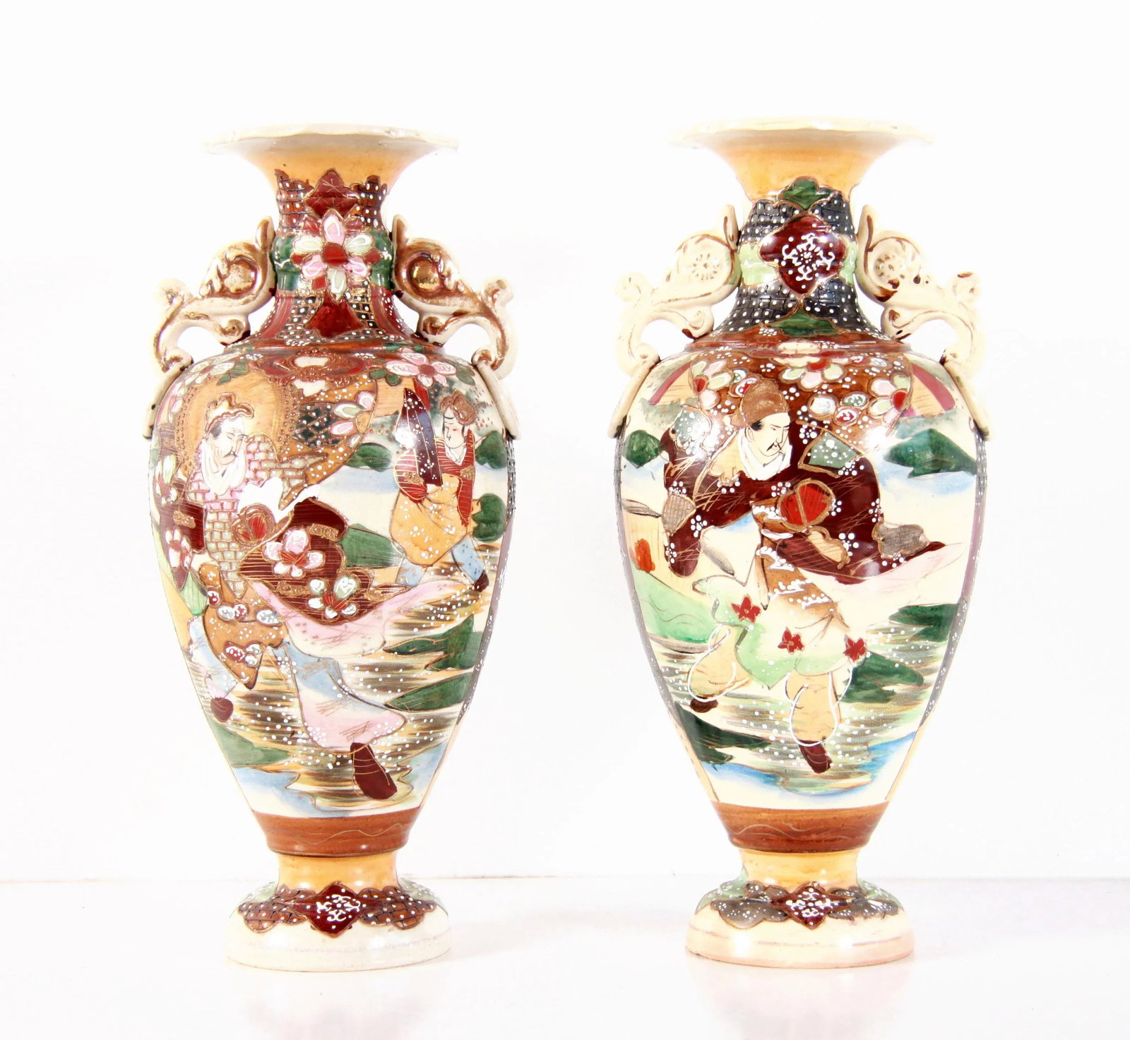 Antique Meiji Era Japanese Satsuma Handled Vases - a Pair - 13