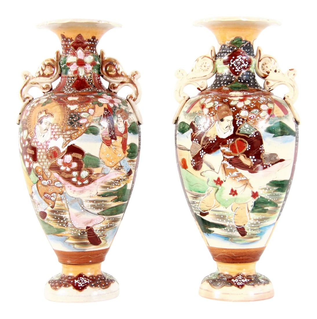 Antique Meiji Era Japanese Satsuma Handled Vases - a Pair: Exceptional pair of antique Meiji era (1868-1912) Japanese hand painted and gold gilded Satsuma handled vases! These are stunning pieces, very detailed and wonderfully textured with a nice large