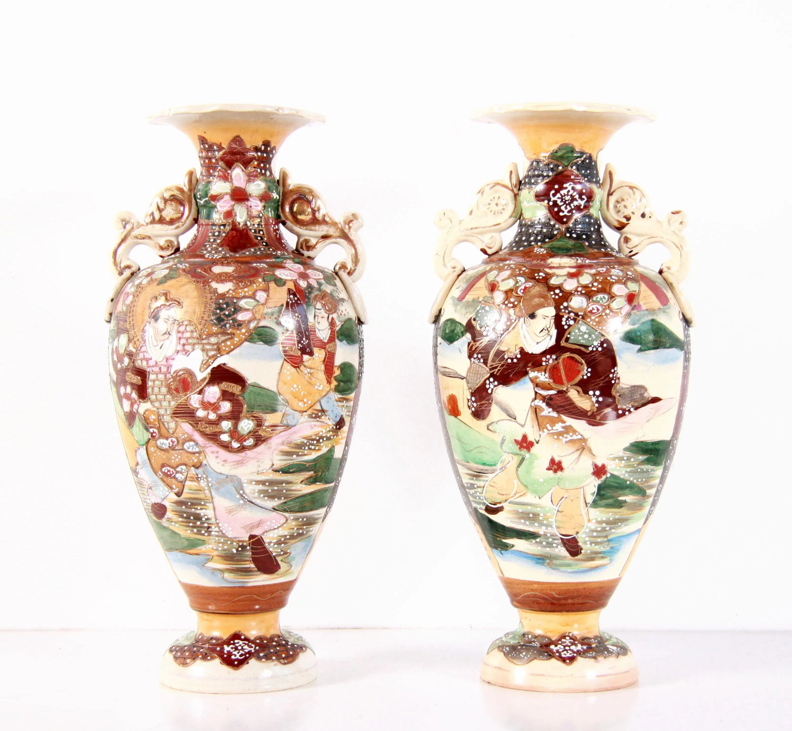 Antique Meiji Era Japanese Satsuma Handled Vases - a Pair - 2