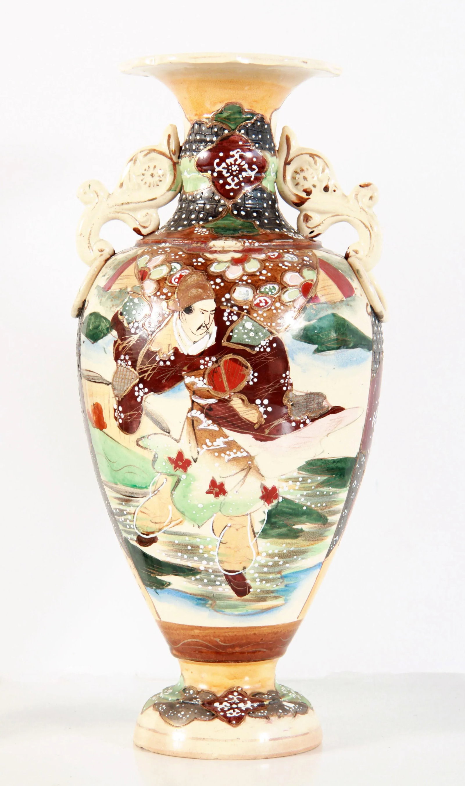 Antique Meiji Era Japanese Satsuma Handled Vases - a Pair - 3