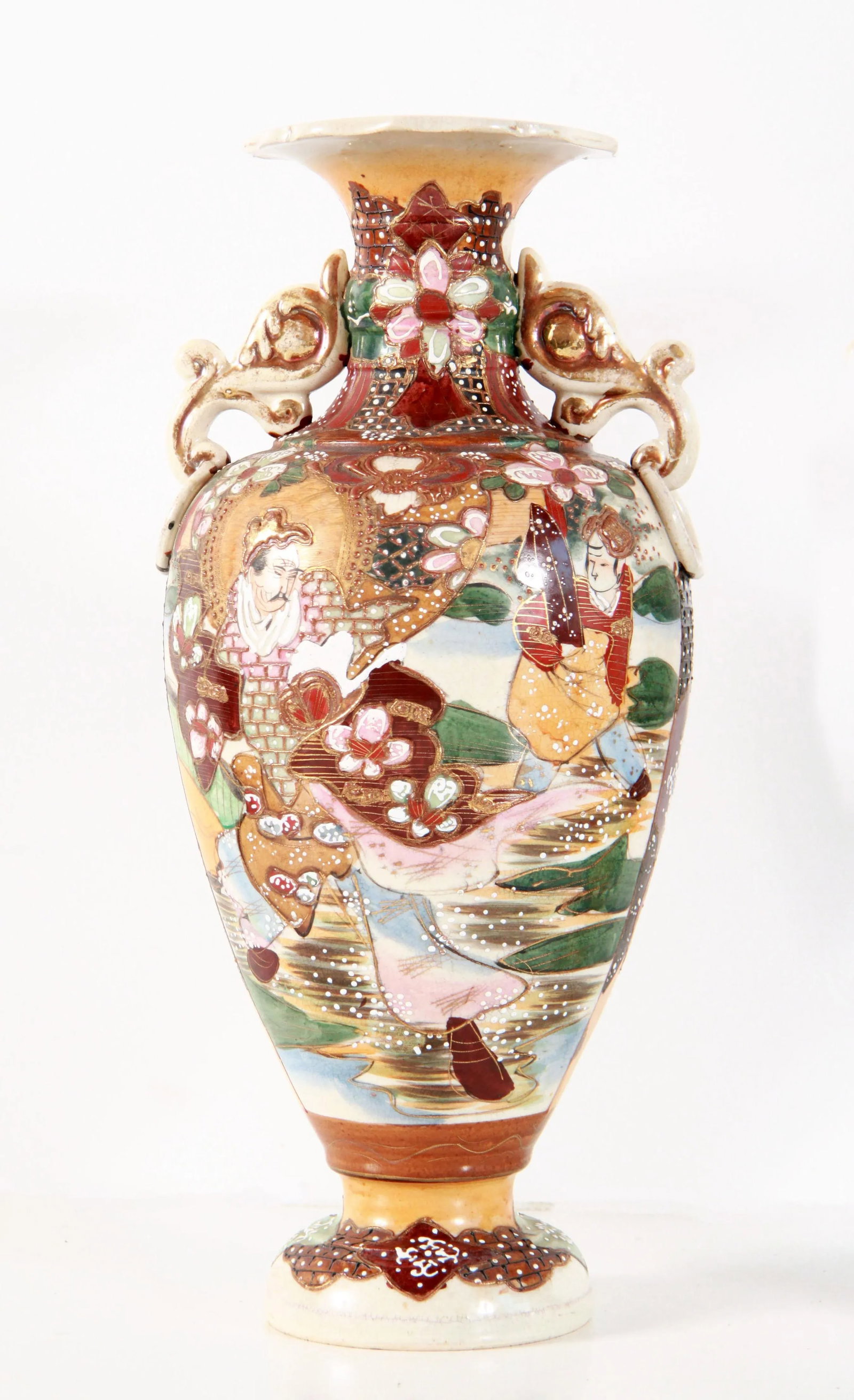Antique Meiji Era Japanese Satsuma Handled Vases - a Pair - 4