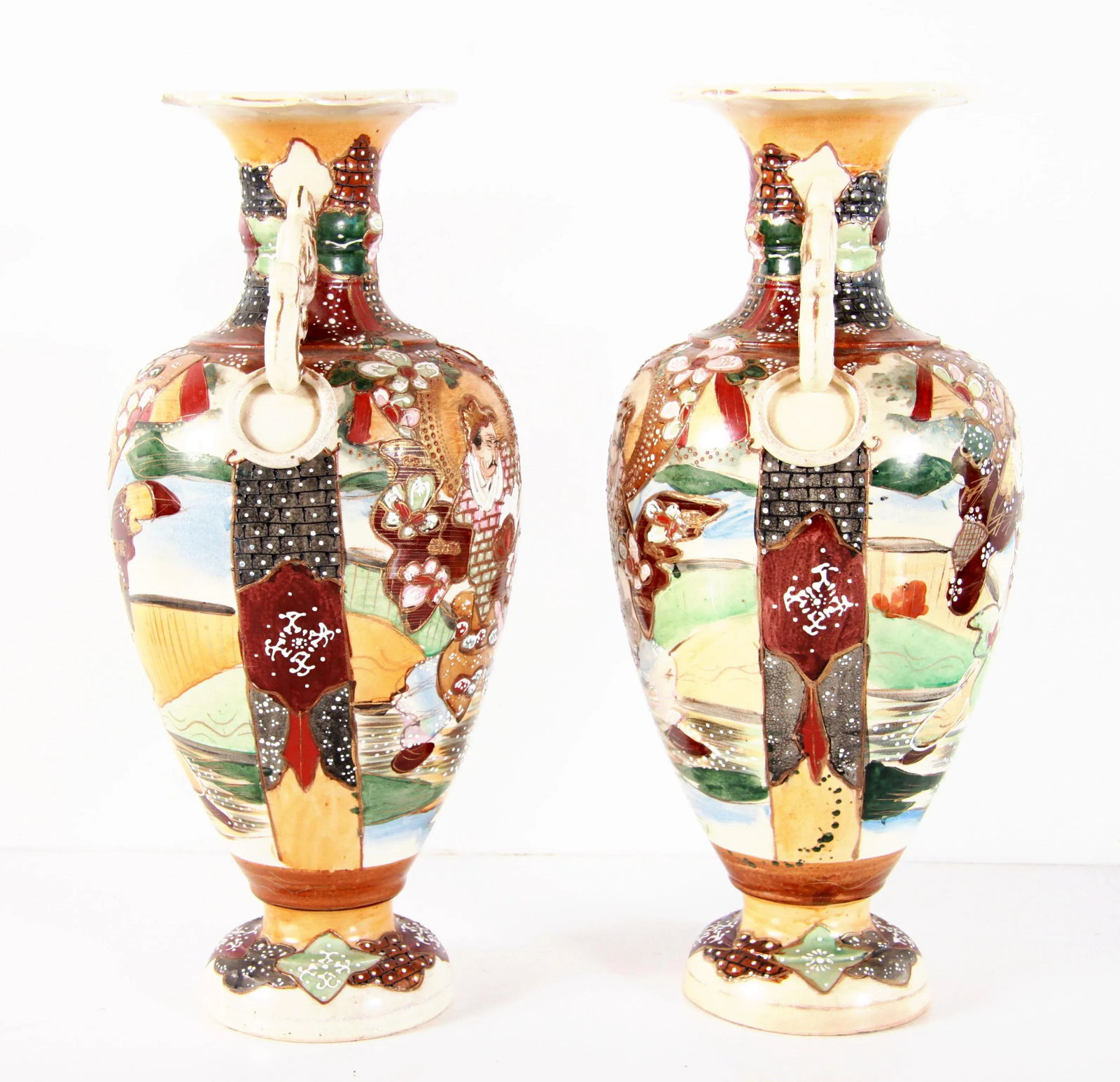 Antique Meiji Era Japanese Satsuma Handled Vases - a Pair - 7