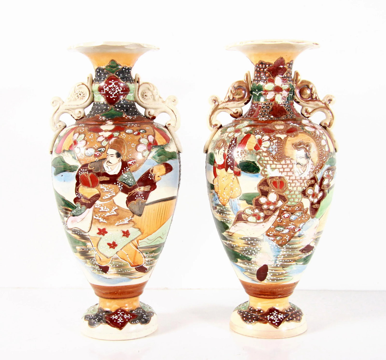 Antique Meiji Era Japanese Satsuma Handled Vases - a Pair - 8
