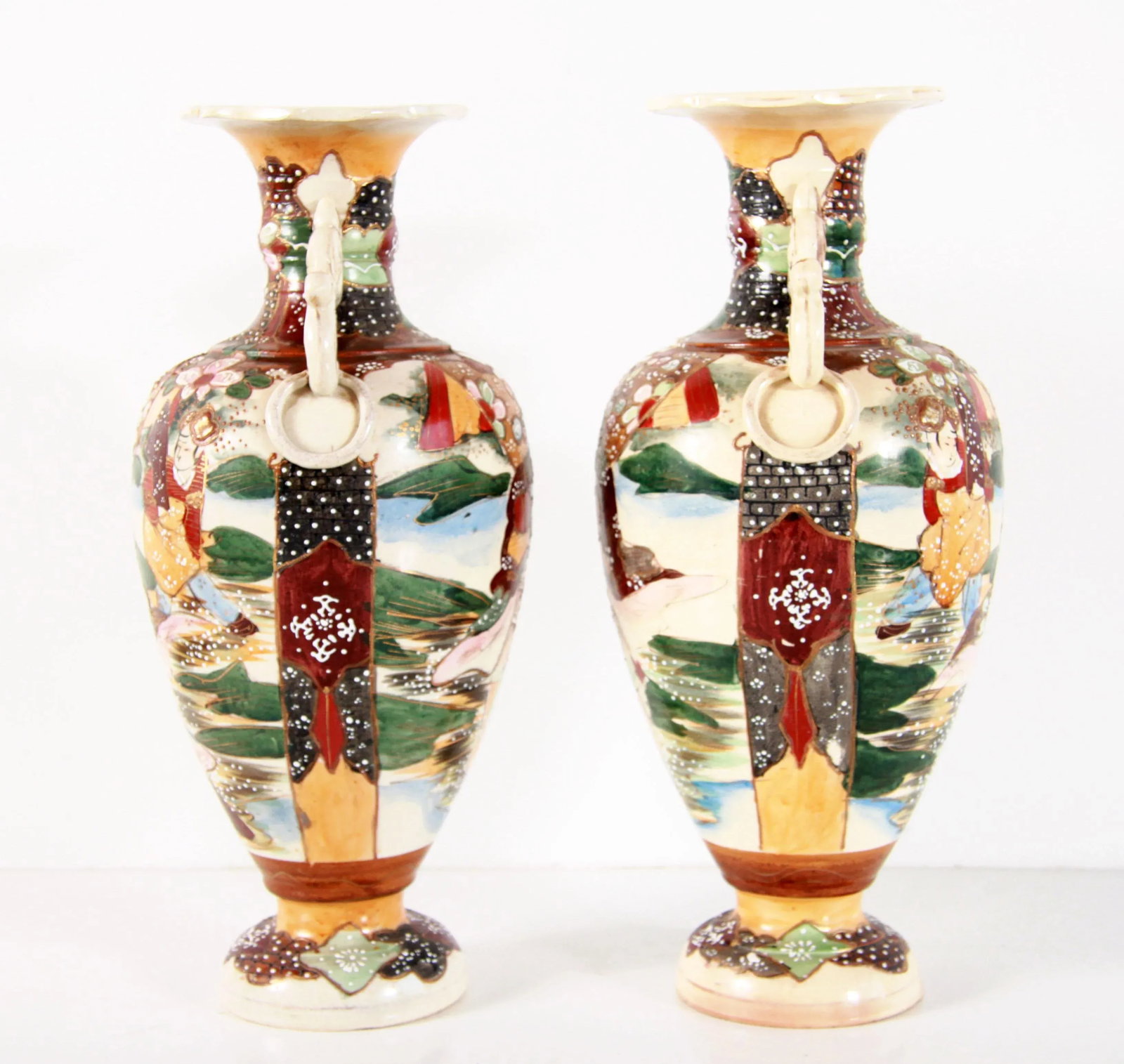 Antique Meiji Era Japanese Satsuma Handled Vases - a Pair - 9