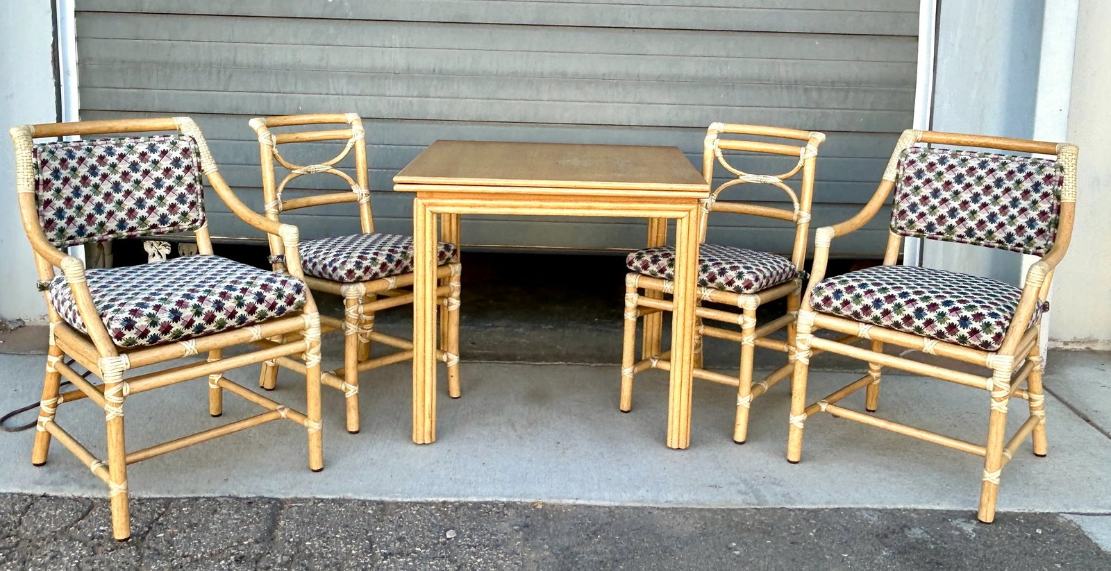 1970s Vintage McGuire Rattan Games Flip Top Extension Dining Table and Four Chair Dining Room Set of - 2