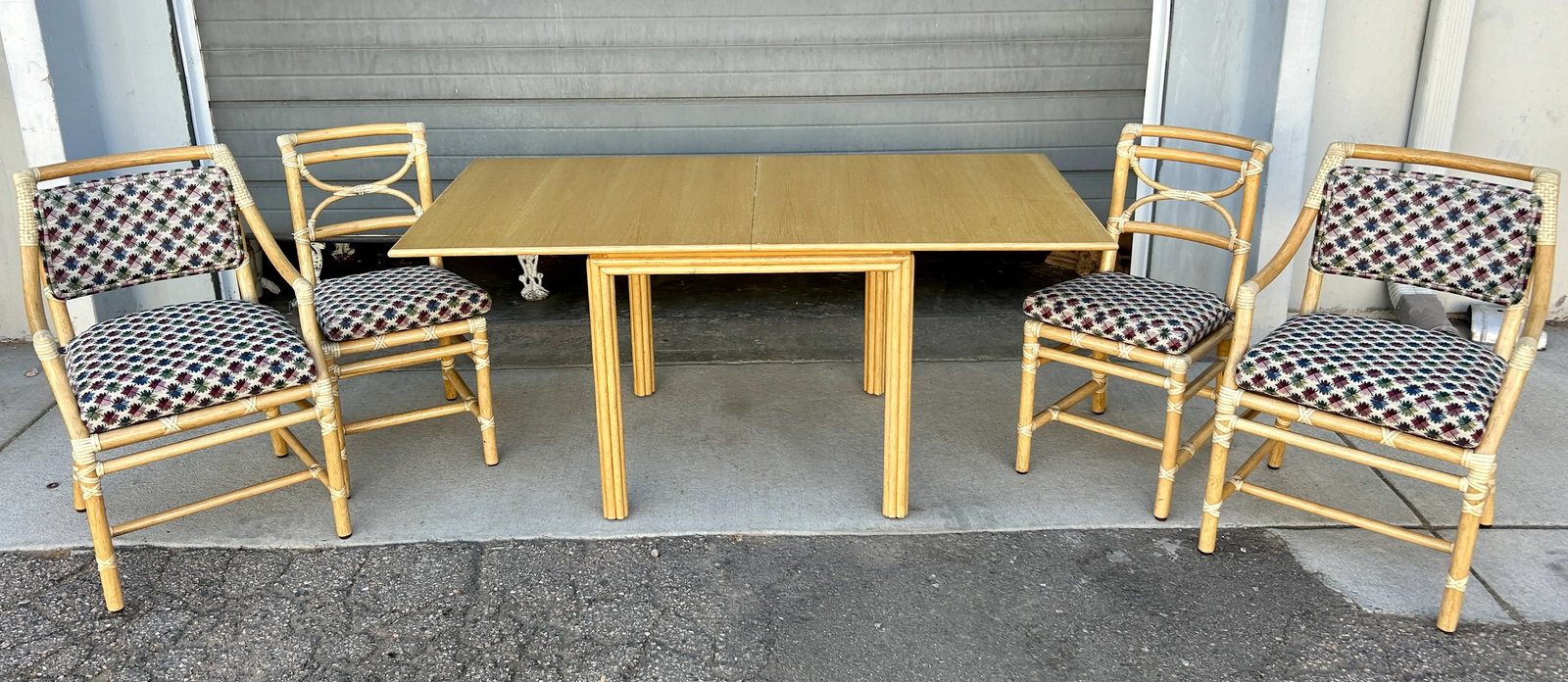 1970s Vintage McGuire Rattan Games Flip Top Extension Dining Table and Four Chair Dining Room Set of - 3