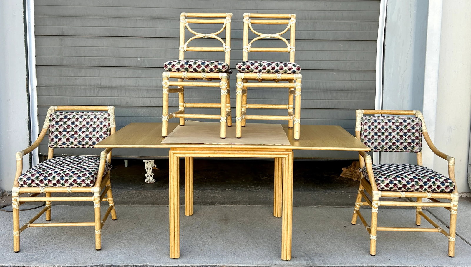 1970s Vintage McGuire Rattan Games Flip Top Extension Dining Table and Four Chair Dining Room Set of - 6