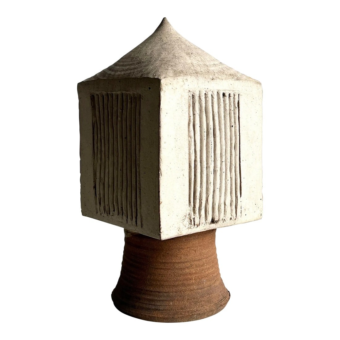 Vintage Brutalist Studio Pottery Sculpture Architectural Form in Stoneware Ceramic: Striking Brutalist studio pottery sculpture with strong architectural presence. This hand crafted form features deeply incised vertical lines on each facade and a pyramidal top, rising from a thrown