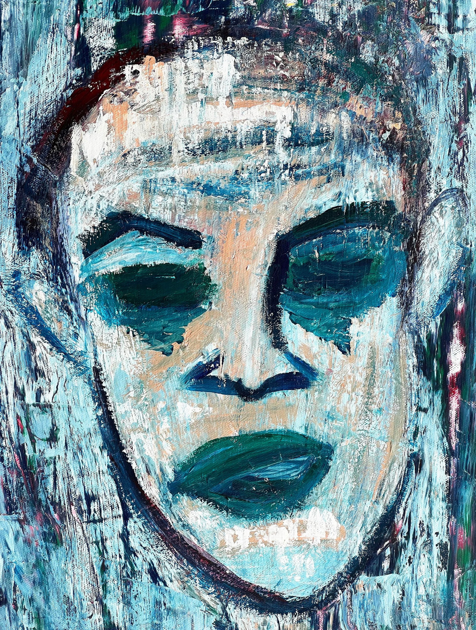 Contemporary Modern Expressionist Oil on Canvas Portrait Painting in Blues - 2