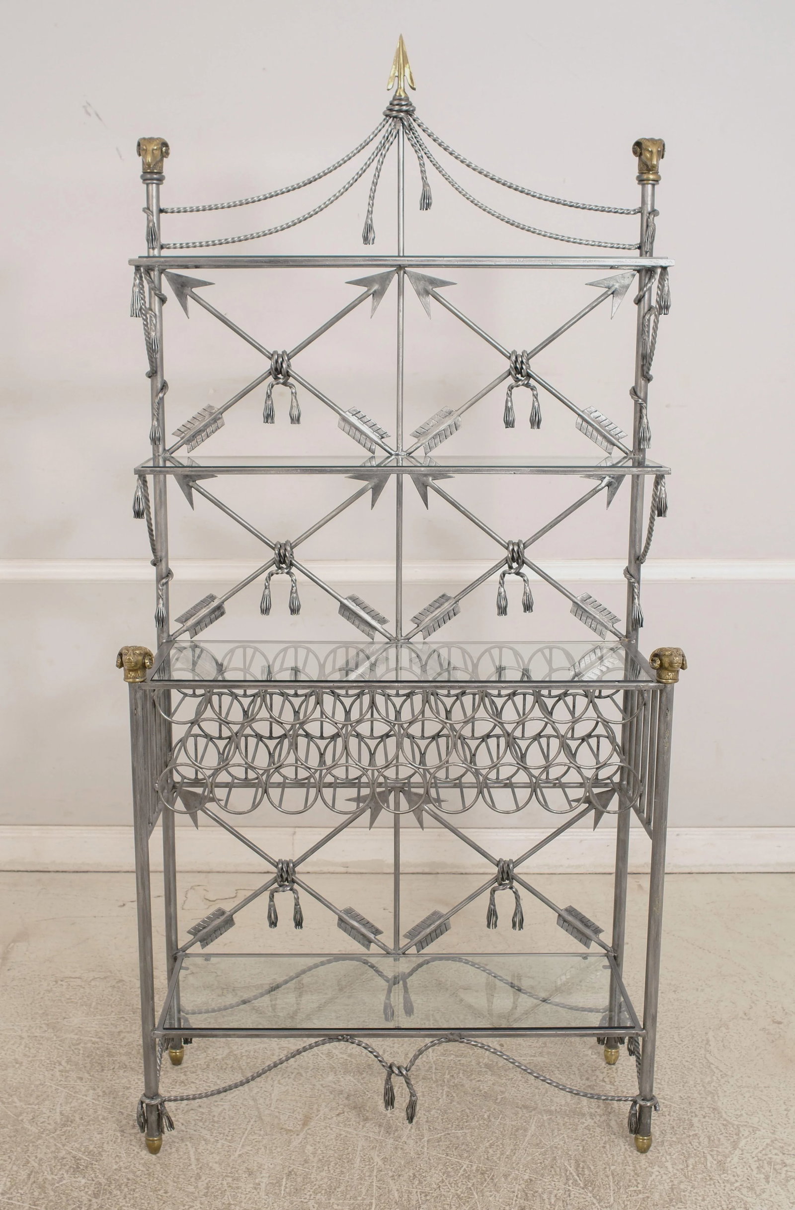 Neoclassical Style Wrought Iron Brass & Glass Wine Rack - 2