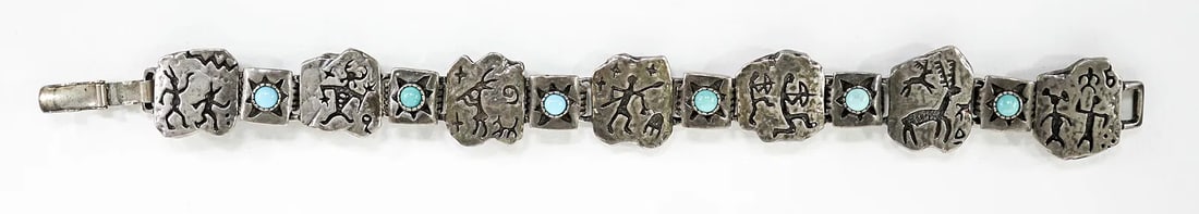 Late 20th Century Sterling Silver and Turquoise Link Bracelet - 5