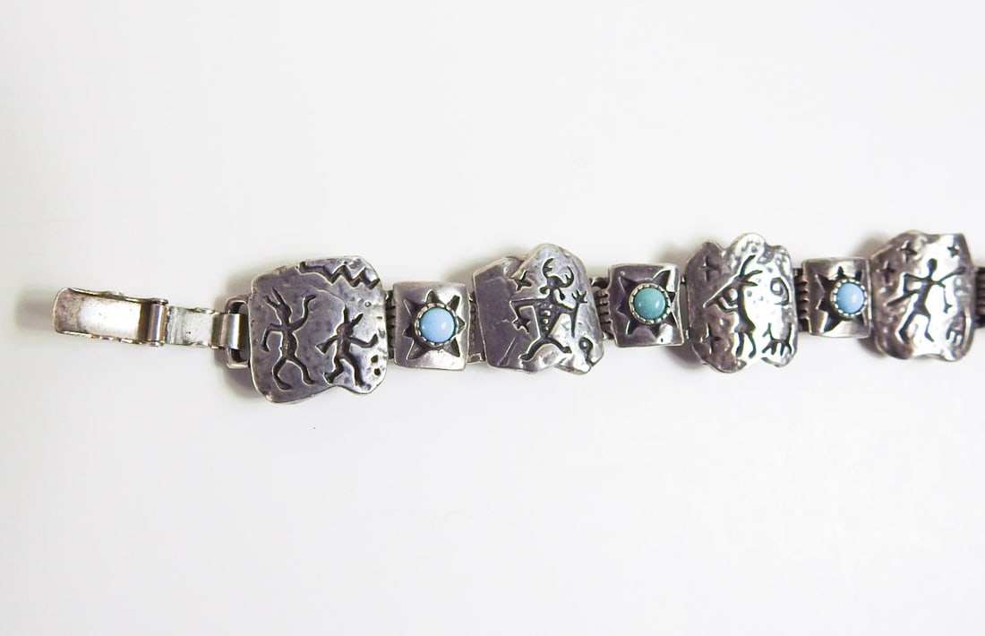 Late 20th Century Sterling Silver and Turquoise Link Bracelet - 6