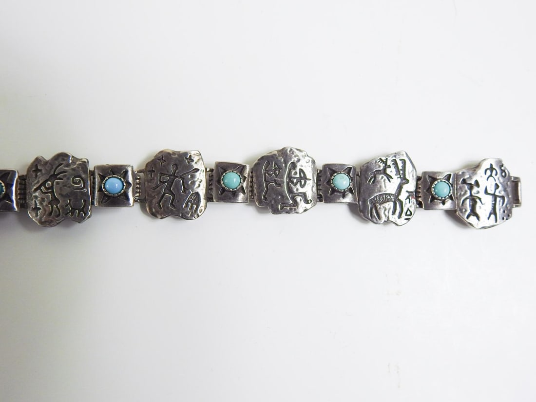 Late 20th Century Sterling Silver and Turquoise Link Bracelet - 7