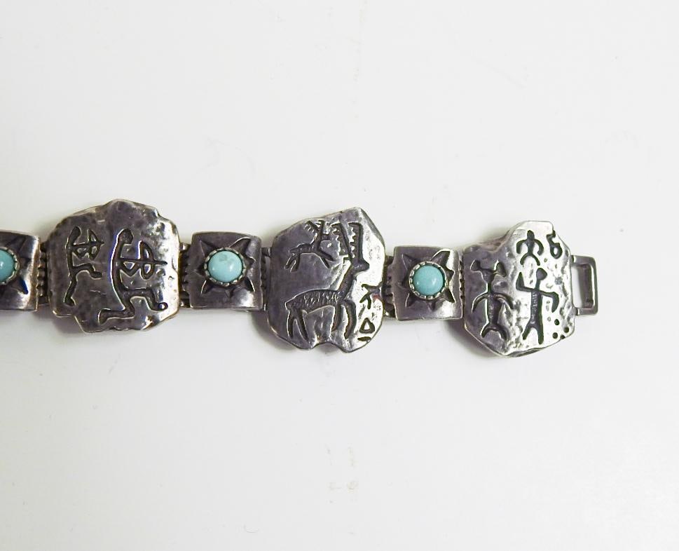 Late 20th Century Sterling Silver and Turquoise Link Bracelet - 8