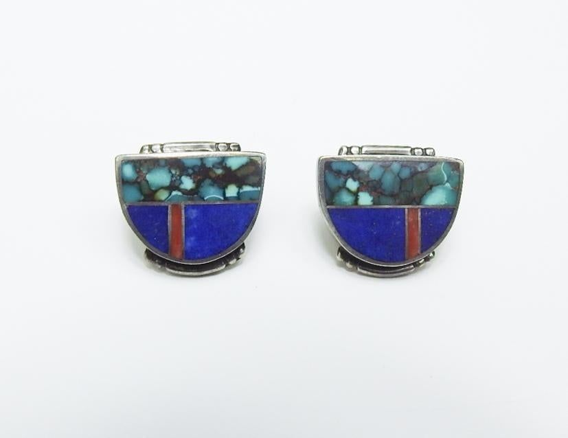 Late 20th Century Native American Sterling Turquoise Lapis Inlay Earrings - 2