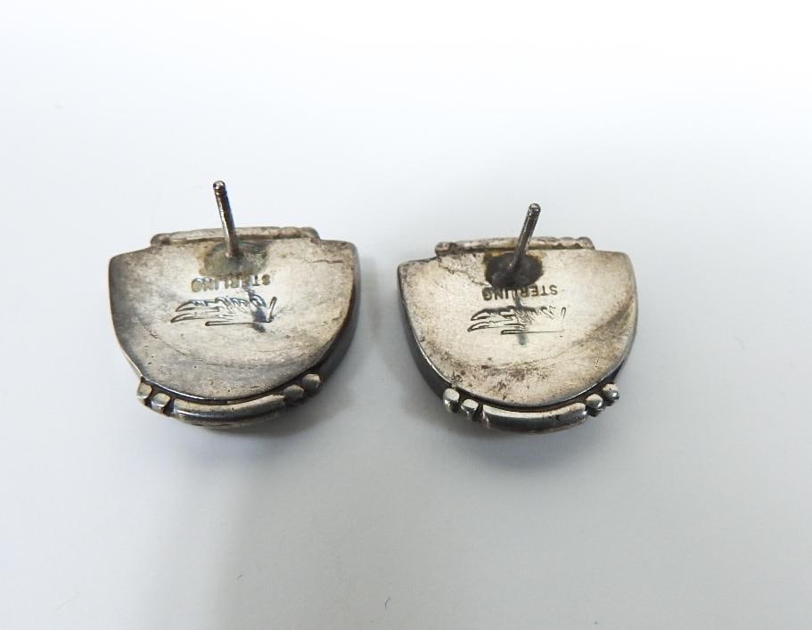 Late 20th Century Native American Sterling Turquoise Lapis Inlay Earrings - 4