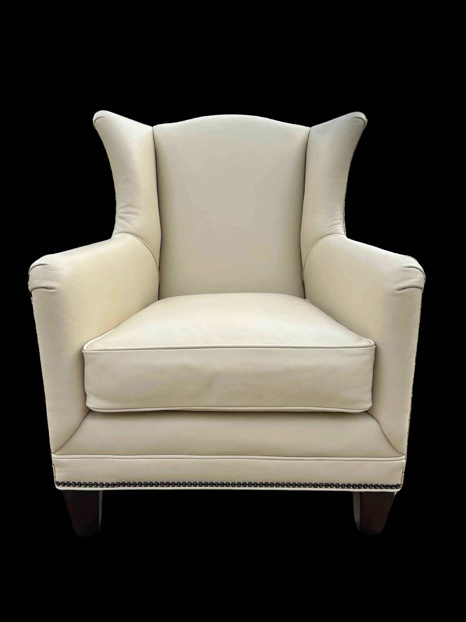 Pair of Vintage Henredon Wingback Chairs – Ivory Leather, Geometric Pattern, Nailhead Trim - 2
