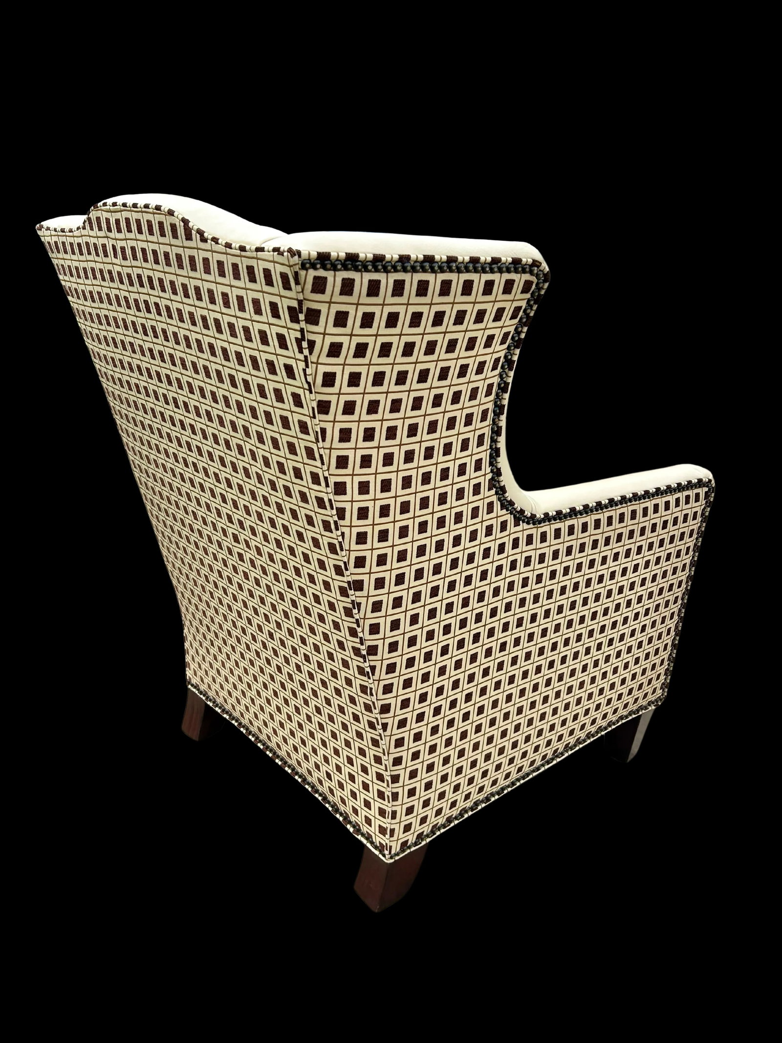Pair of Vintage Henredon Wingback Chairs – Ivory Leather, Geometric Pattern, Nailhead Trim - 5