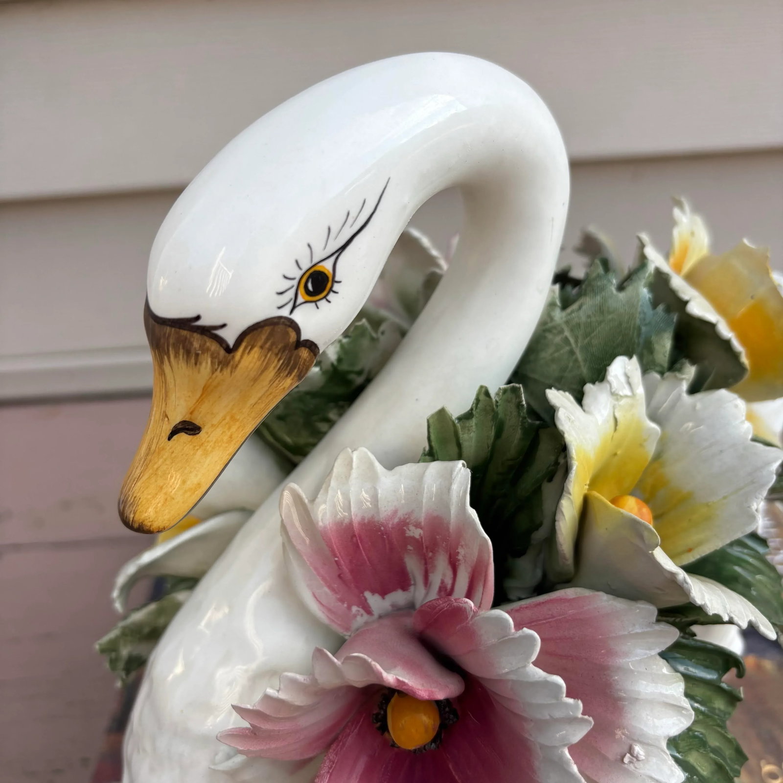 Vintage Capodimonte Floral Swan Centerpiece With Neopolitan N and 5-Point Crown - 3