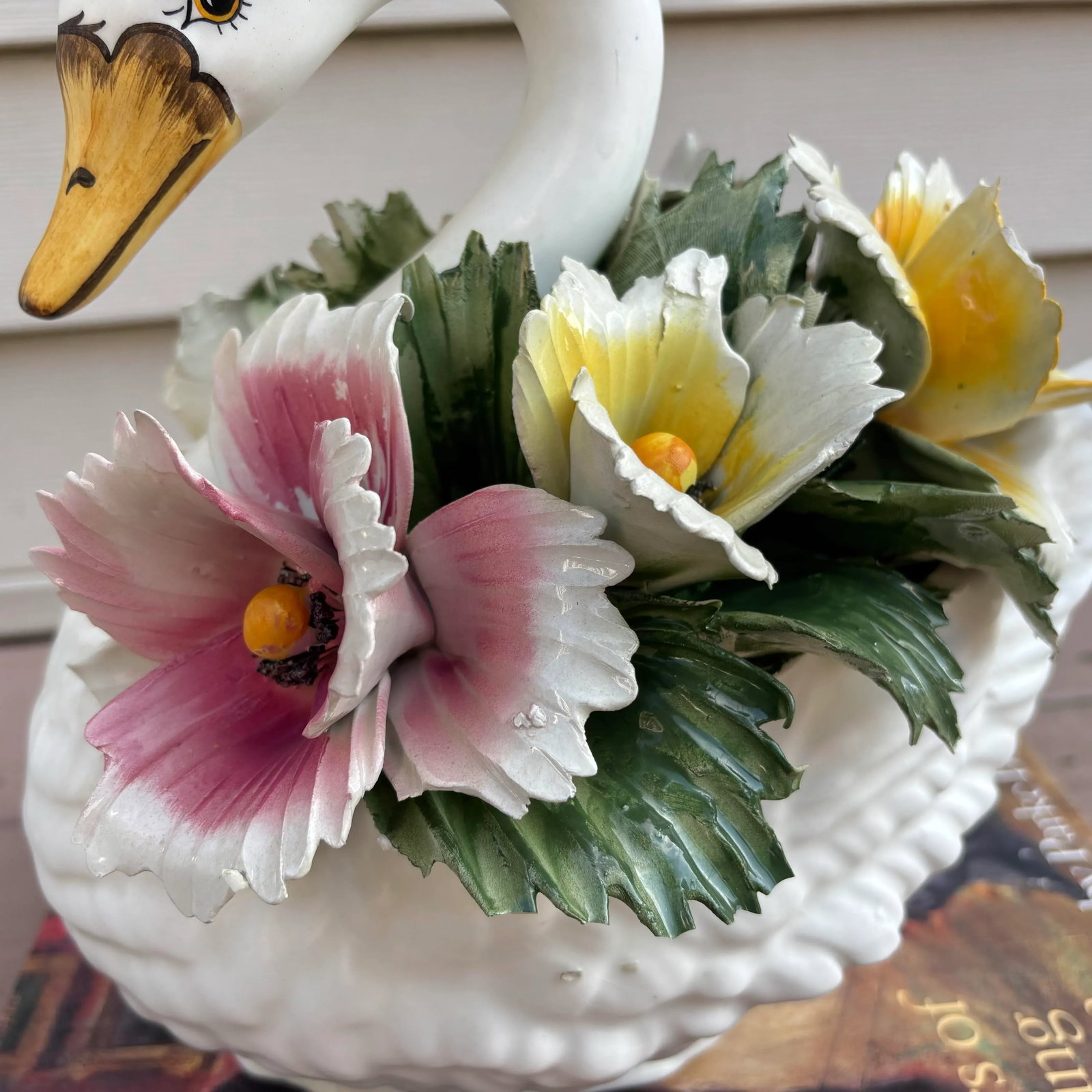 Vintage Capodimonte Floral Swan Centerpiece With Neopolitan N and 5-Point Crown - 4