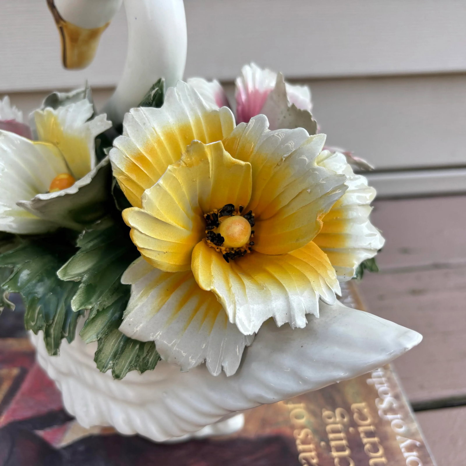 Vintage Capodimonte Floral Swan Centerpiece With Neopolitan N and 5-Point Crown - 5