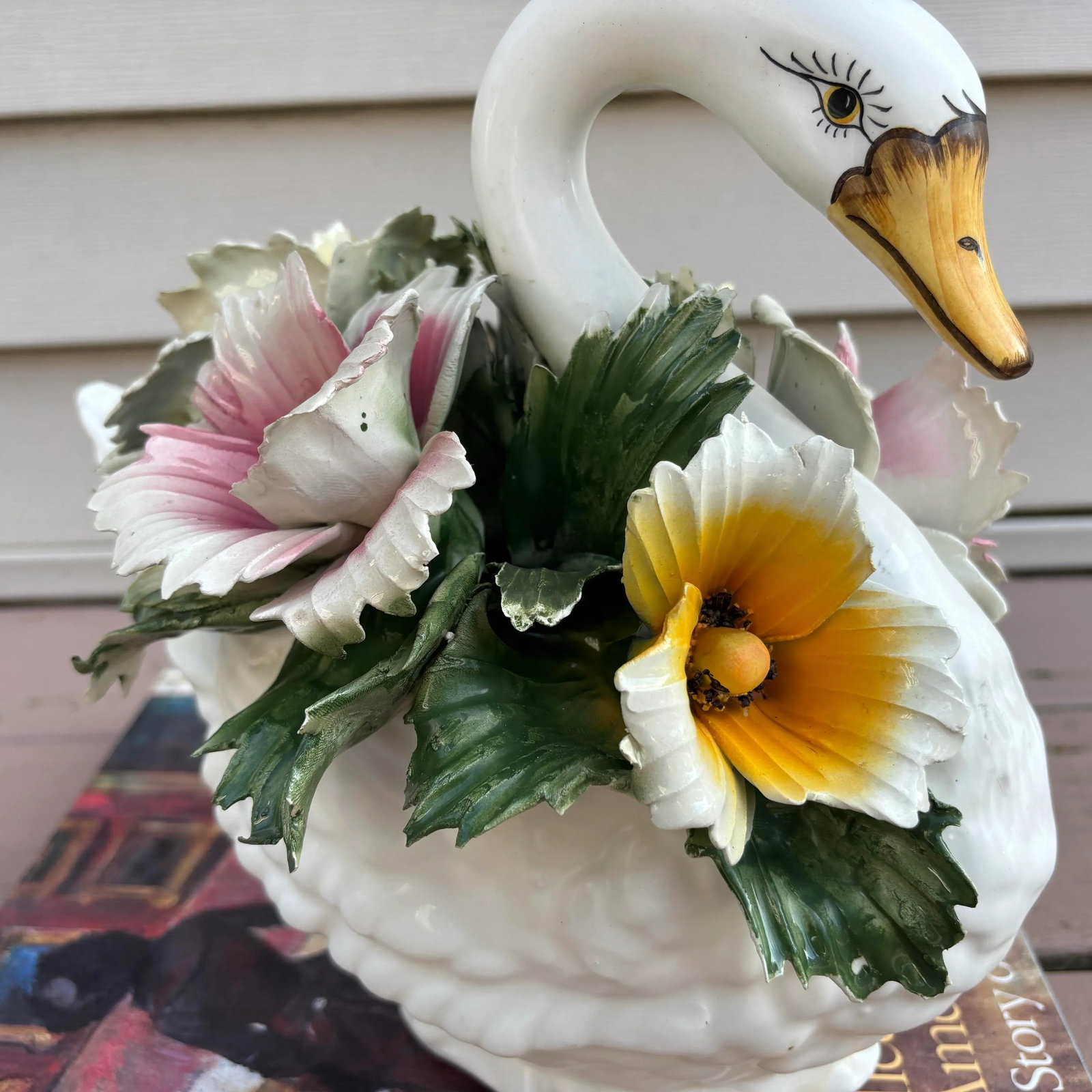 Vintage Capodimonte Floral Swan Centerpiece With Neopolitan N and 5-Point Crown - 7