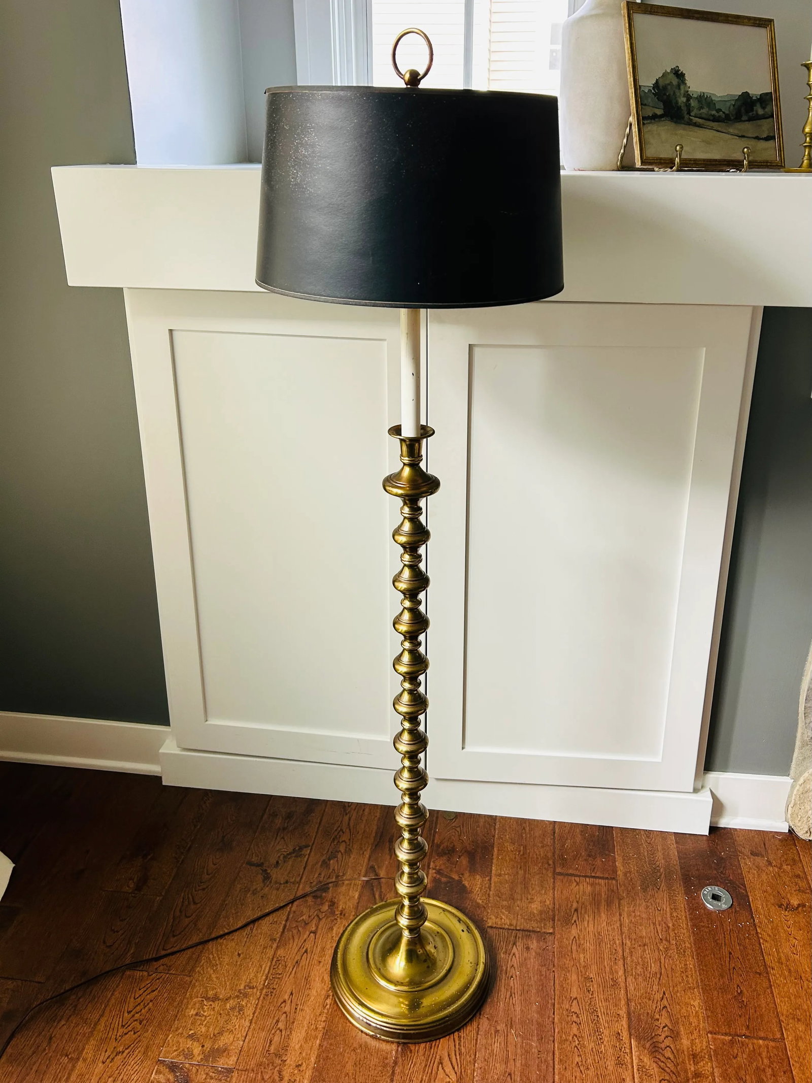 Vintage Mid-Century Modern Hollywood Regency Gold Stacked Orb Floor Lamp With Black Hardback Drum Sh - 3