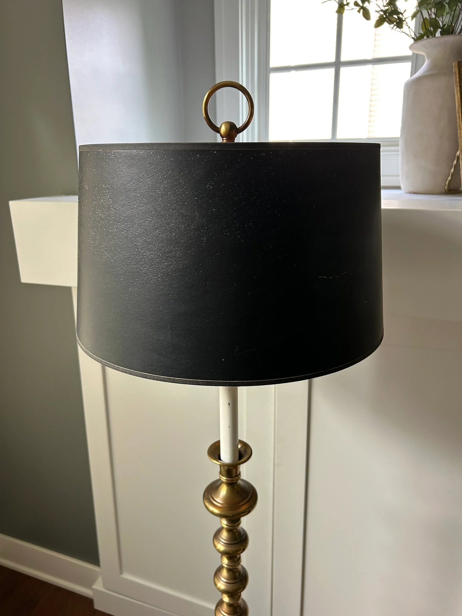 Vintage Mid-Century Modern Hollywood Regency Gold Stacked Orb Floor Lamp With Black Hardback Drum Sh - 9