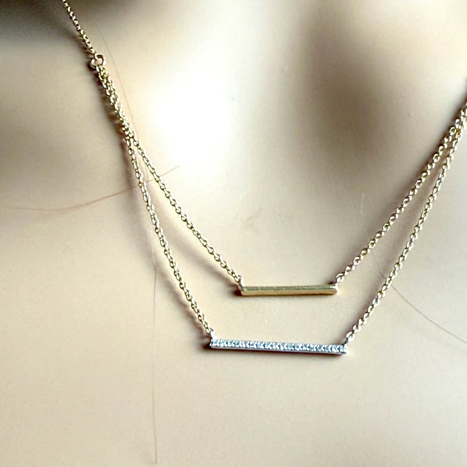 1990s 14k Yellow White Gold Delicate Diamond Bar Layered Necklace - 2