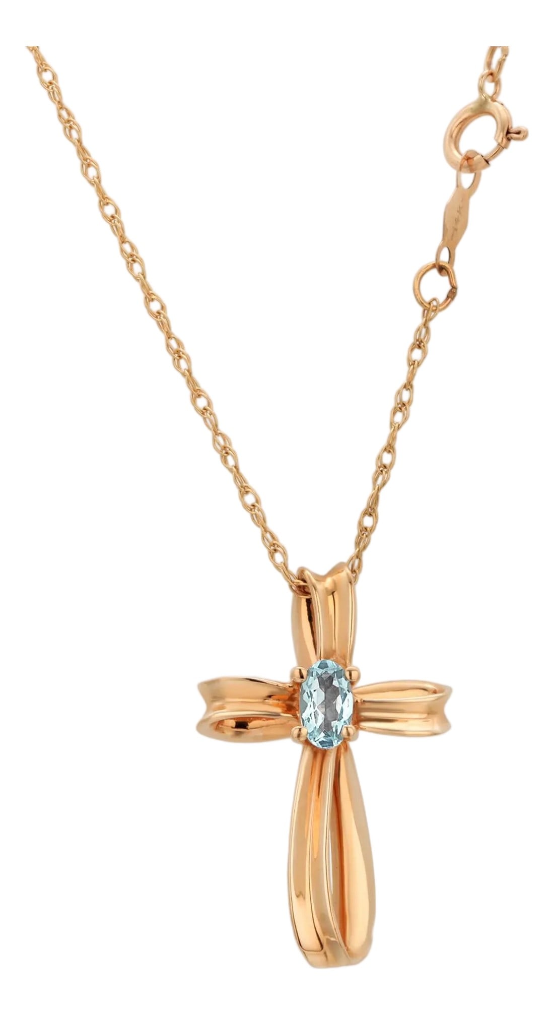 14k Yellow Gold Aquamarine Cross Pendant Necklace: A timeless symbol of faith and serenity, this 14K yellow gold cross pendant necklace features a tranquil aquamarine weighing approximately 0.50 carats, adding a soft, ethereal blue glow. The pendant,