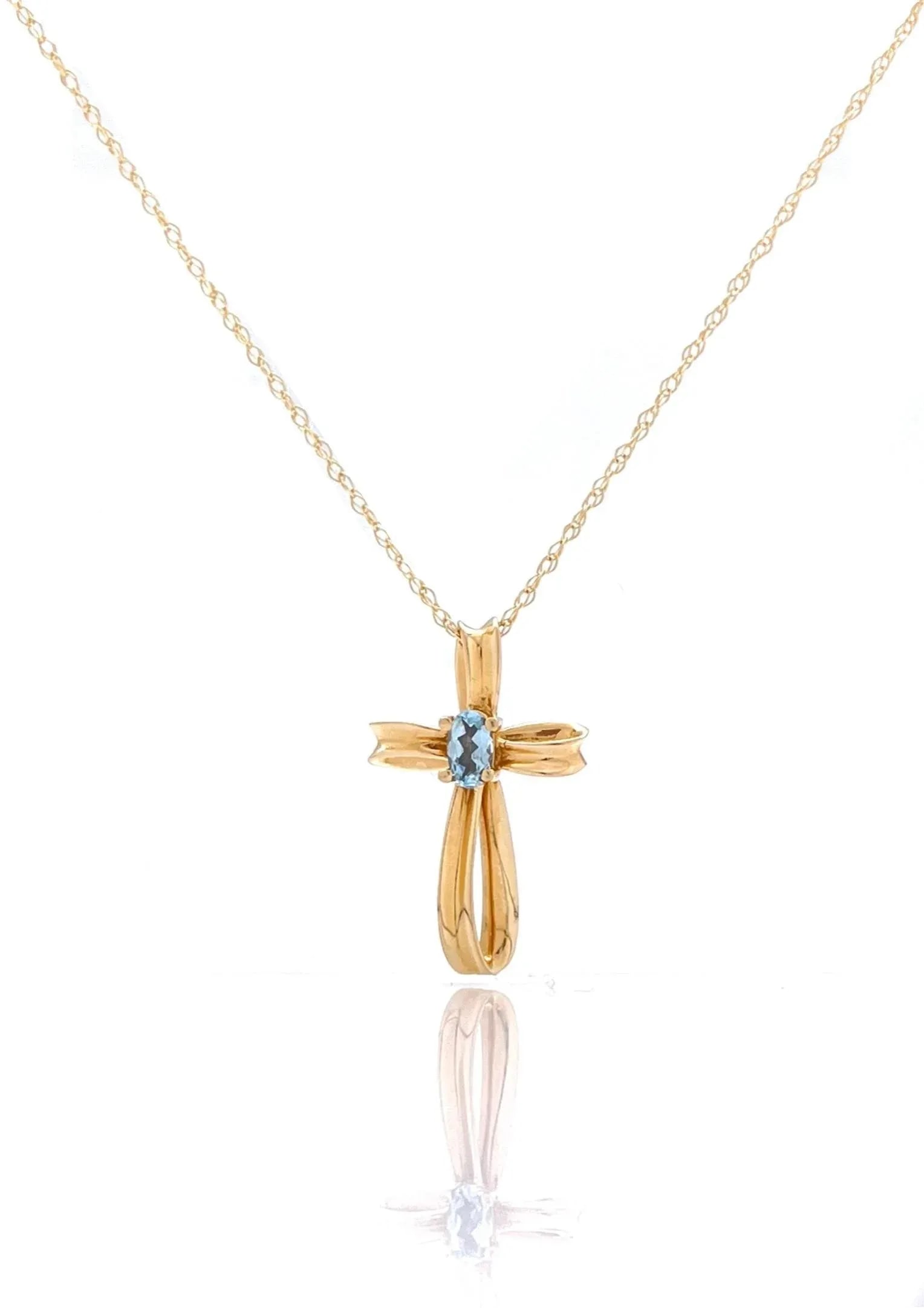 14k Yellow Gold Aquamarine Cross Pendant Necklace - 6