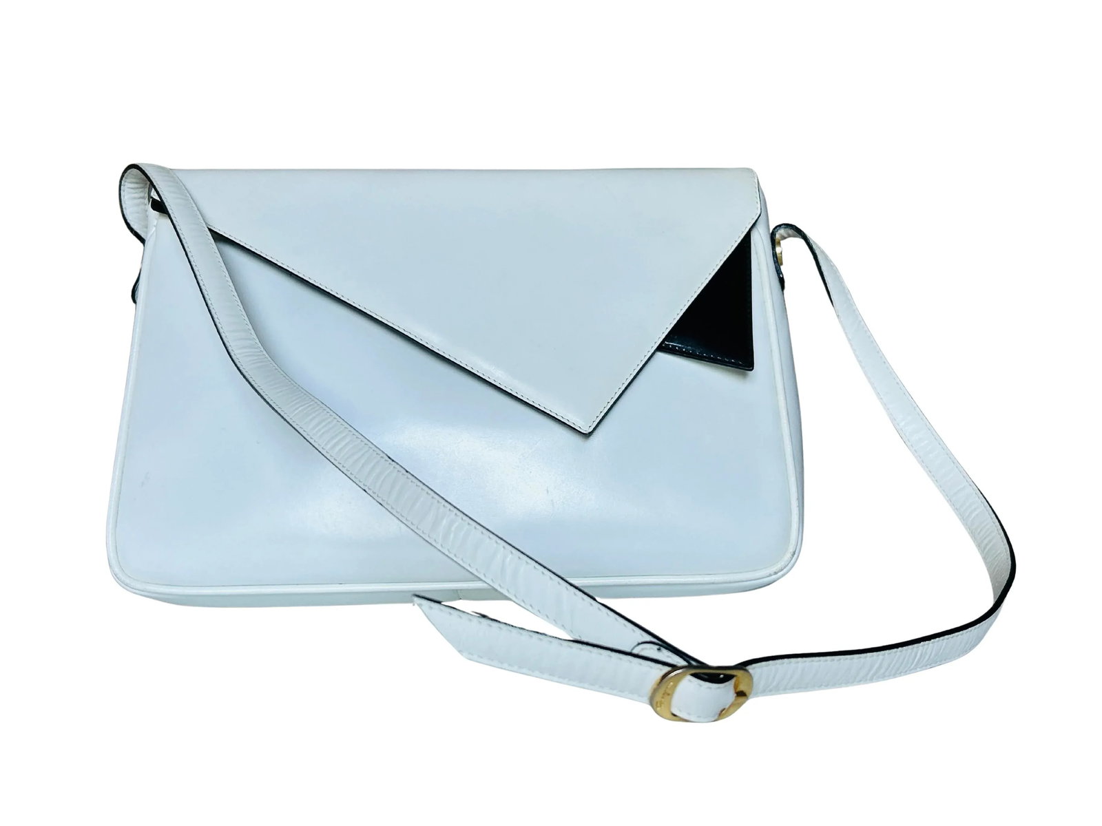 Authentic Vintage Salvatore Ferragamo Leather Handbag in White and Black Patent Leather Envelope - 2