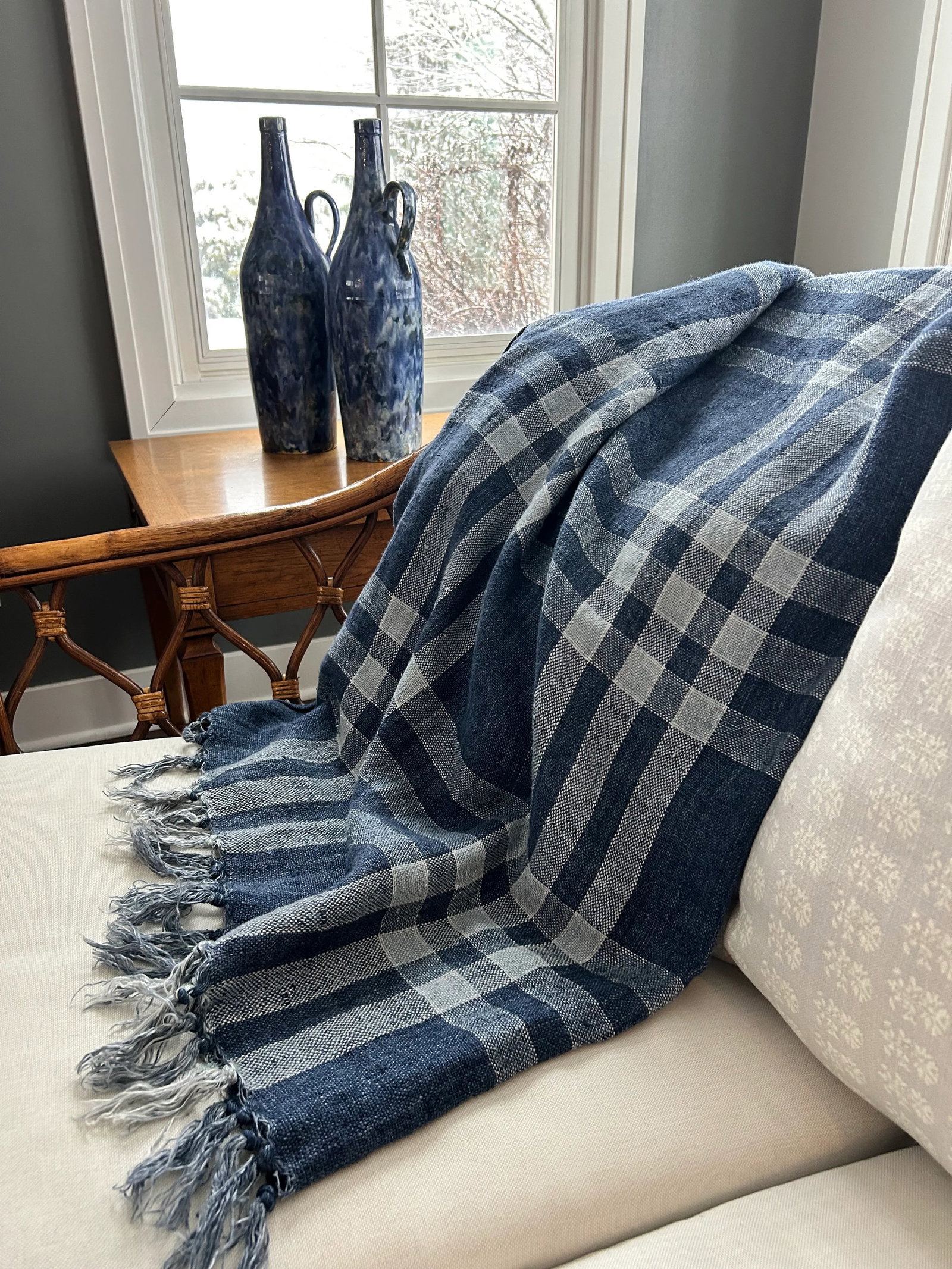 Bunny Williams for Pine Cone Hill 100% Linen Plaid Navy White Throw ââ‚¬Å - 6