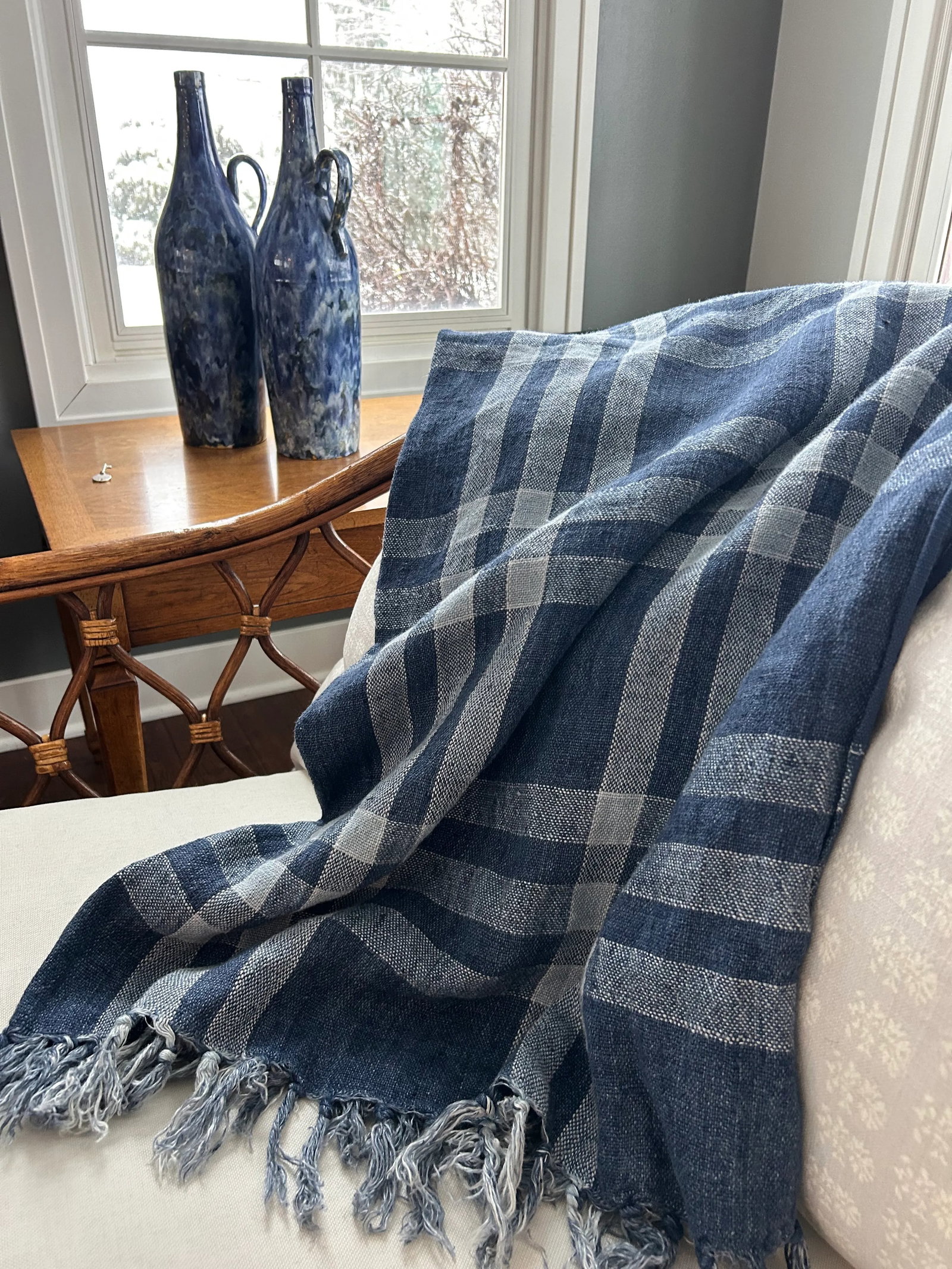 Bunny Williams for Pine Cone Hill 100% Linen Plaid Navy White Throw ââ‚¬Å - 7