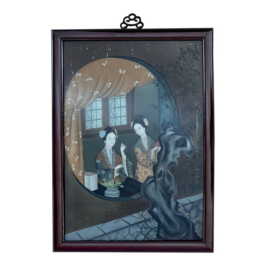 Antique Chinese Reverse Painting on Glass of Ladies Through Window: Early 20th century Chinese reverse painting on glass of a domestic view through a window from a courtyard with a gnarled tree. Framed in rosewood with brass hanger. Please see condition details