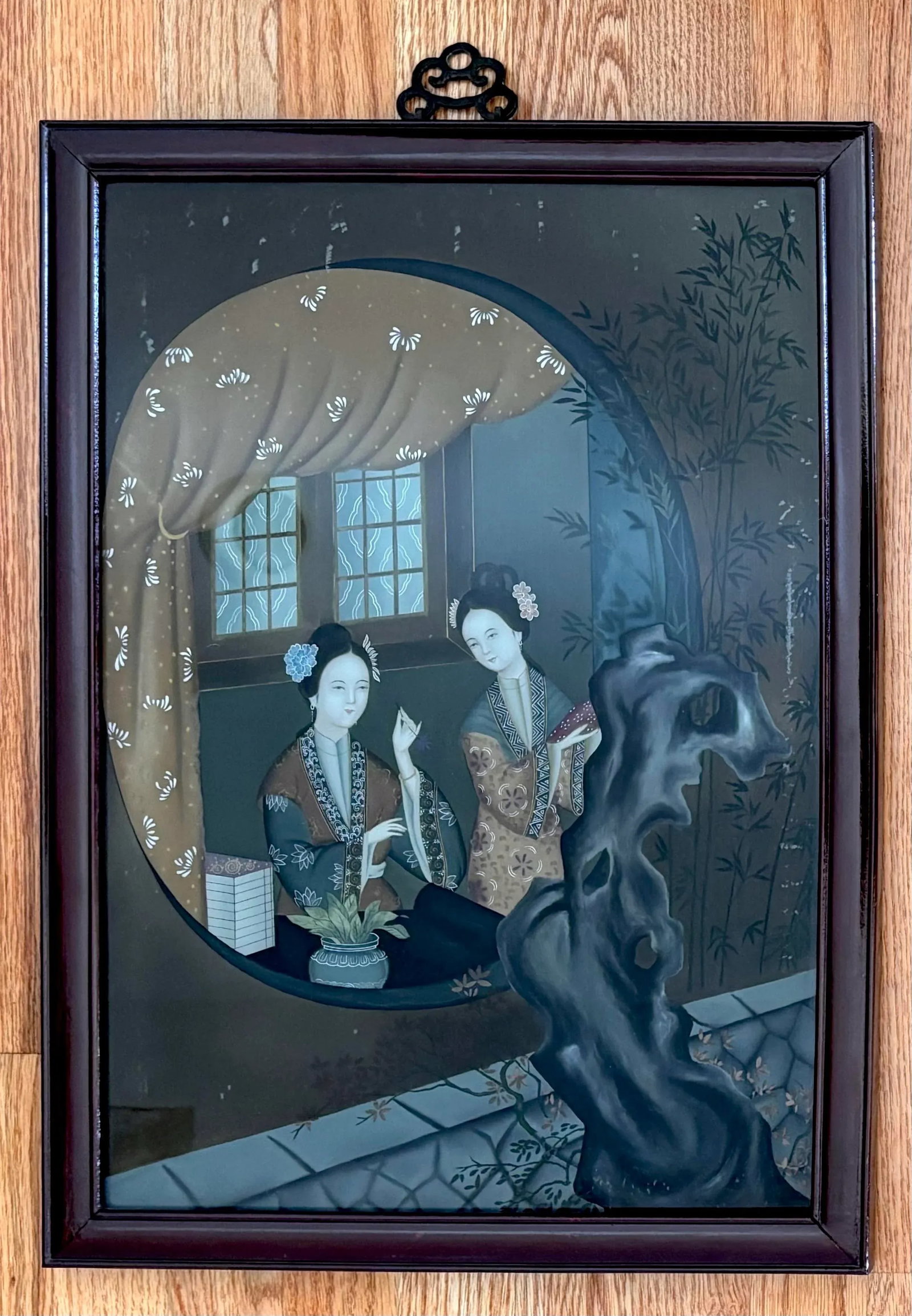 Antique Chinese Reverse Painting on Glass of Ladies Through Window - 2