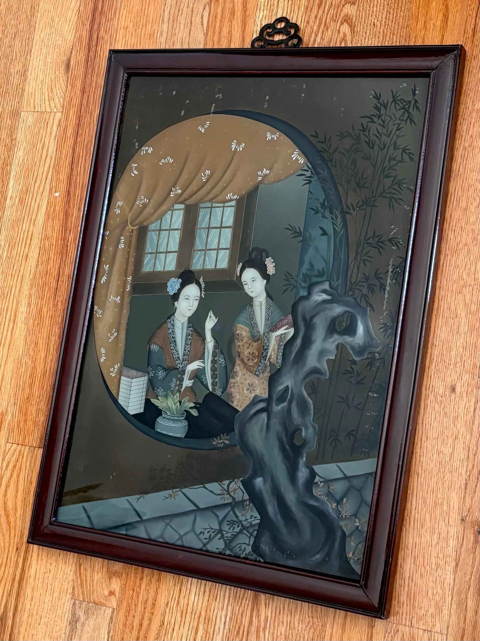 Antique Chinese Reverse Painting on Glass of Ladies Through Window - 3