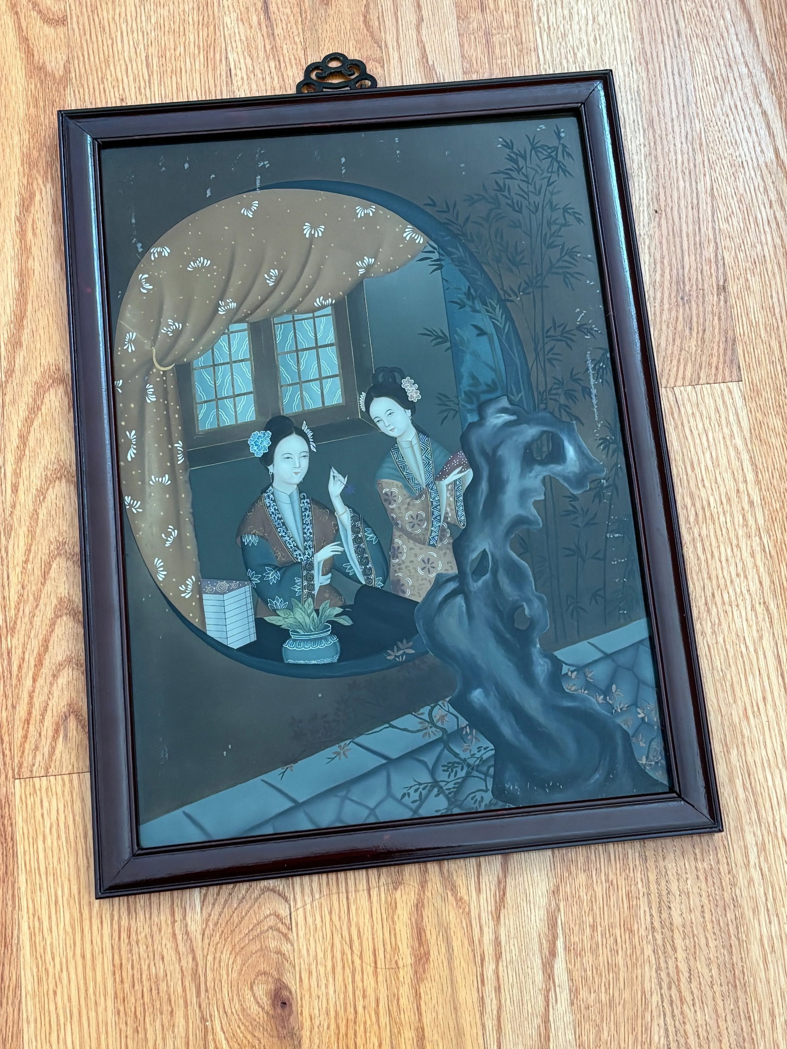Antique Chinese Reverse Painting on Glass of Ladies Through Window - 4