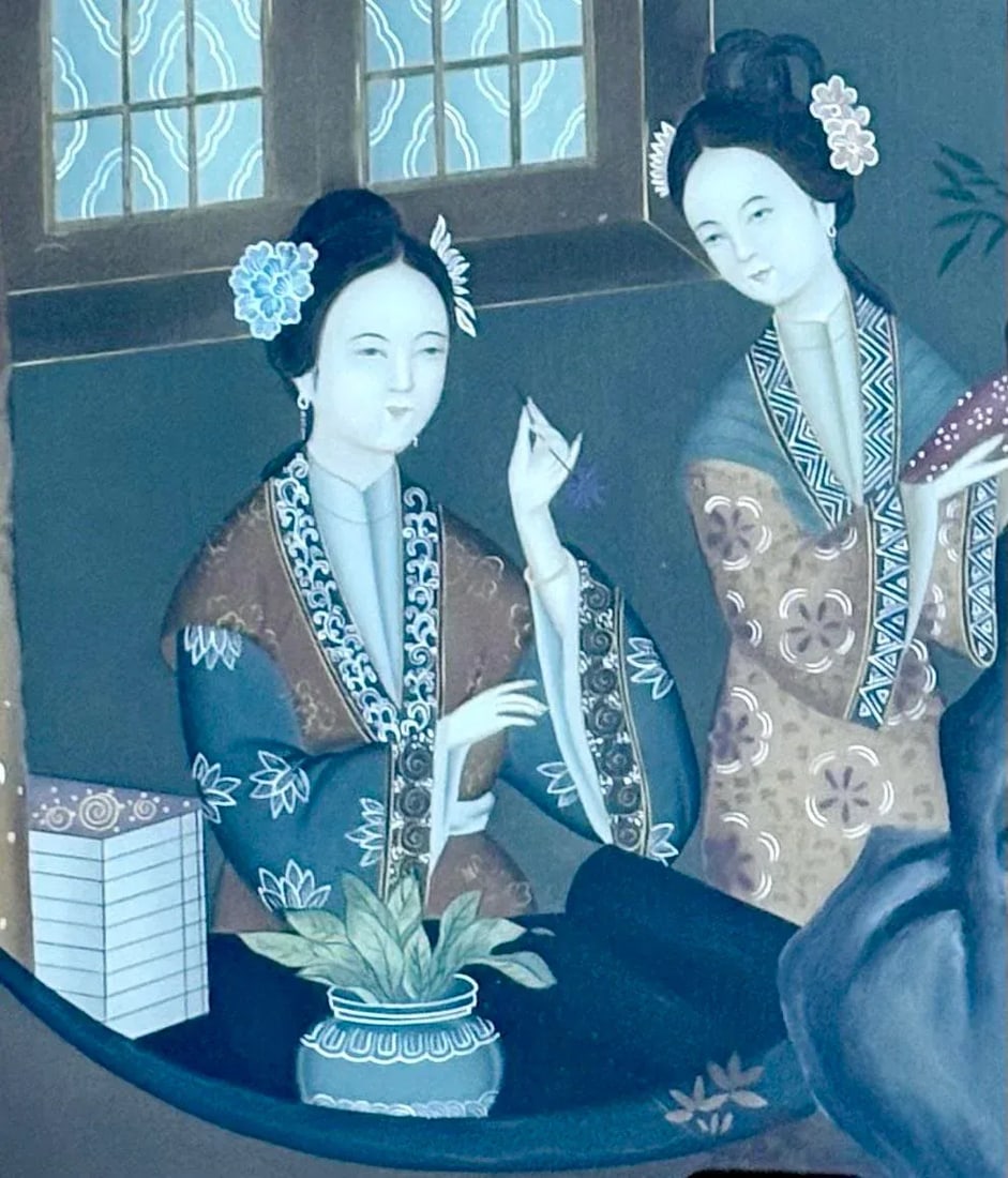 Antique Chinese Reverse Painting on Glass of Ladies Through Window - 5