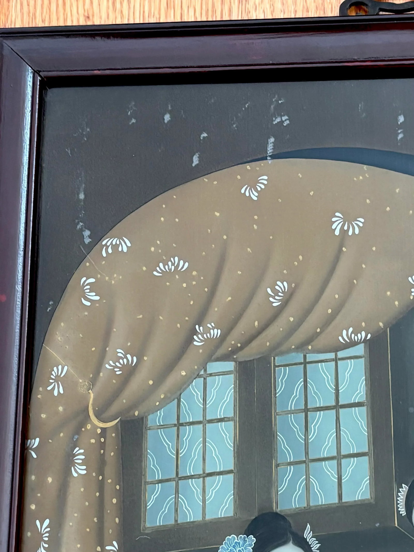 Antique Chinese Reverse Painting on Glass of Ladies Through Window - 7