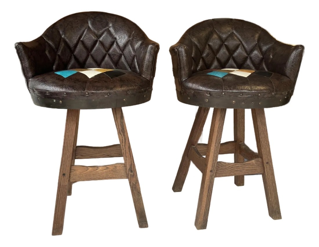 Rare Pair of 1960s-70s Brothers Furniture Brown Swivel Whiskey Barrel Bar Chairs With Multicolor Har: This pair of iconic, comfortable midcentury bar chairs are in good condition. The swivel action rotates with ease yet also stays in place"”no socially awkward automatic return to neutral from