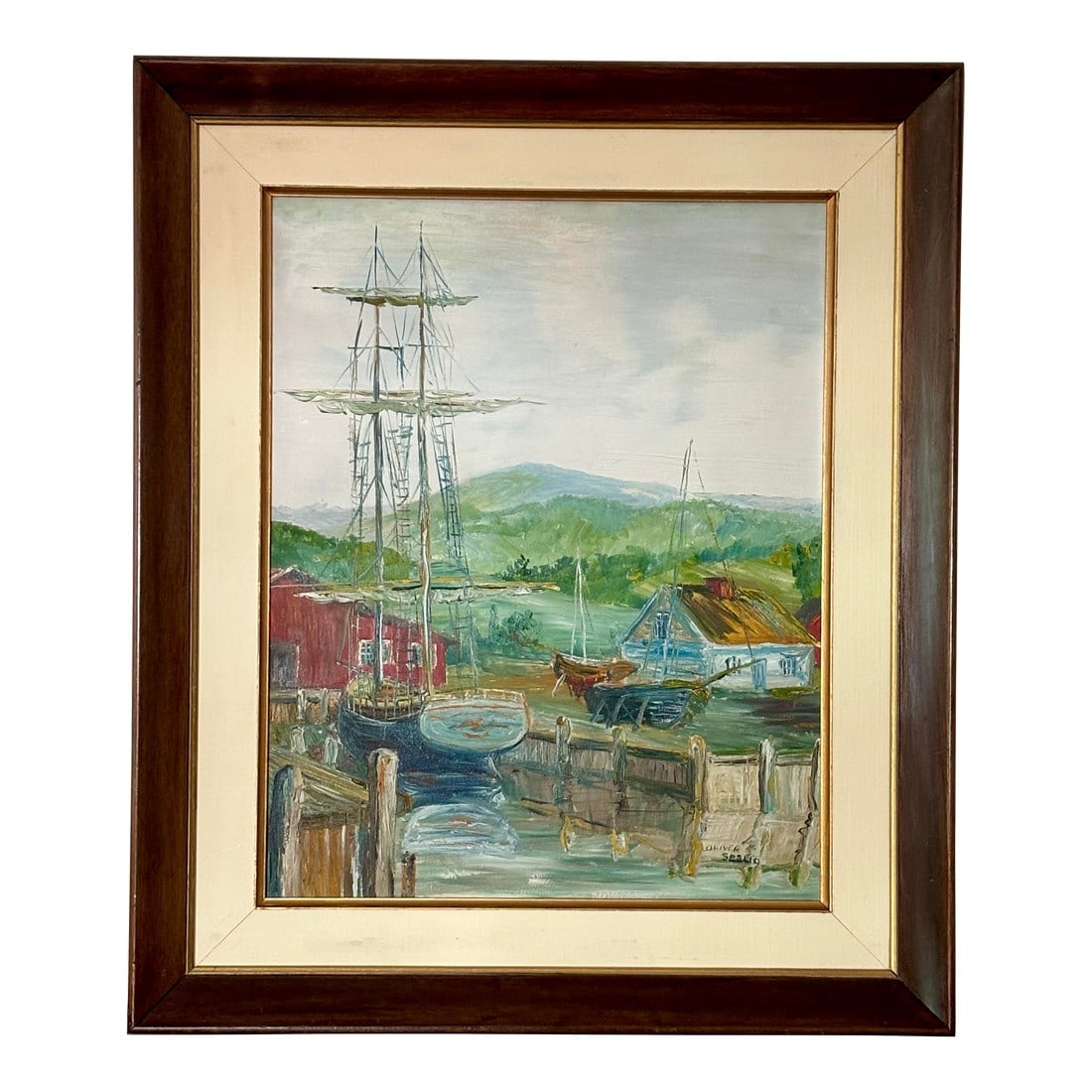Vintage American Impressionist Oil Painting Coastal Harbor by Oliver Seelio: A beautiful vintage American Impressionist oil painting of a coastal harbor by Oliver Seelio. Could easily be New England or Pacific Northwest. Oil on board, signed lower left. Please see condition