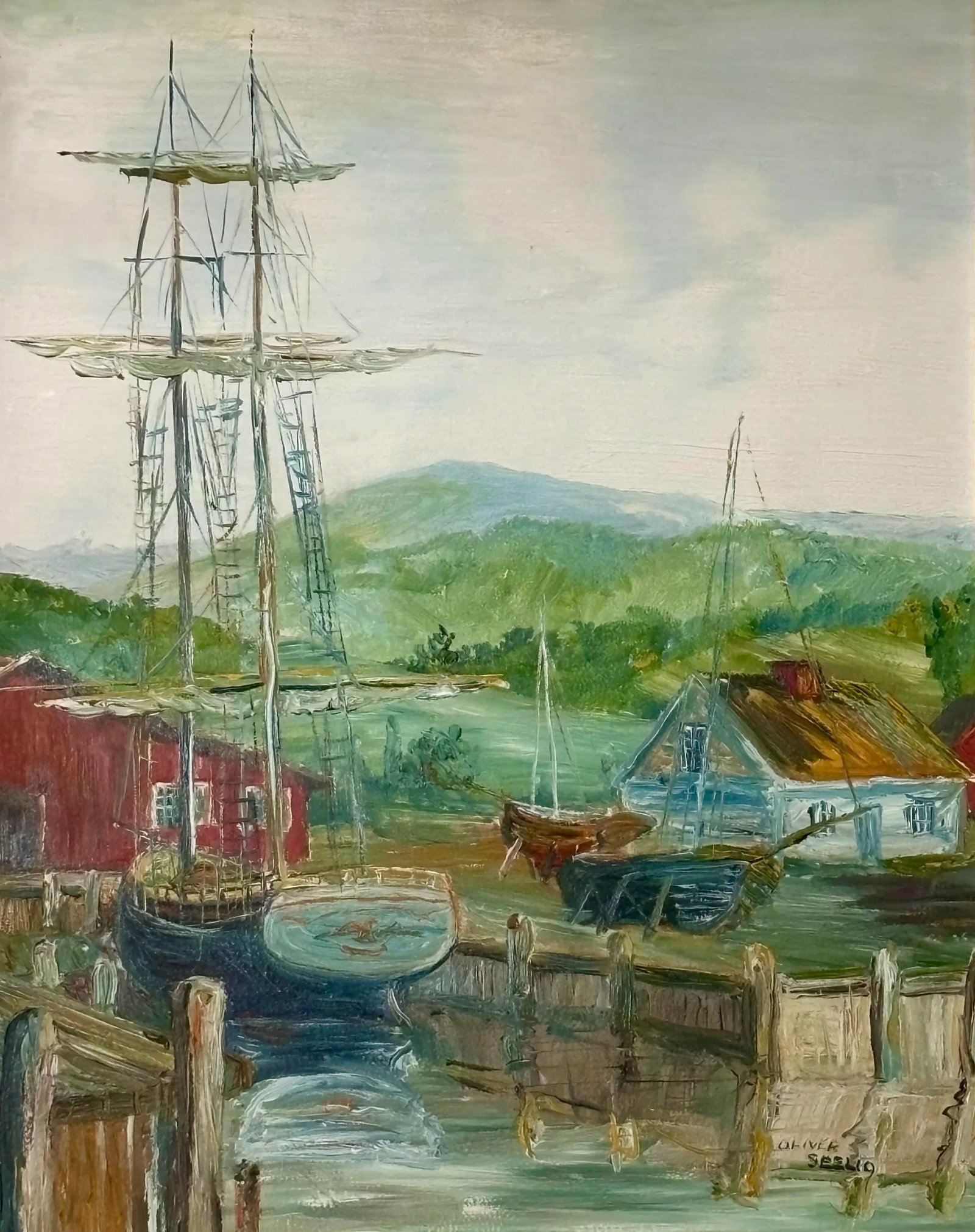 Vintage American Impressionist Oil Painting Coastal Harbor by Oliver Seelio - 2