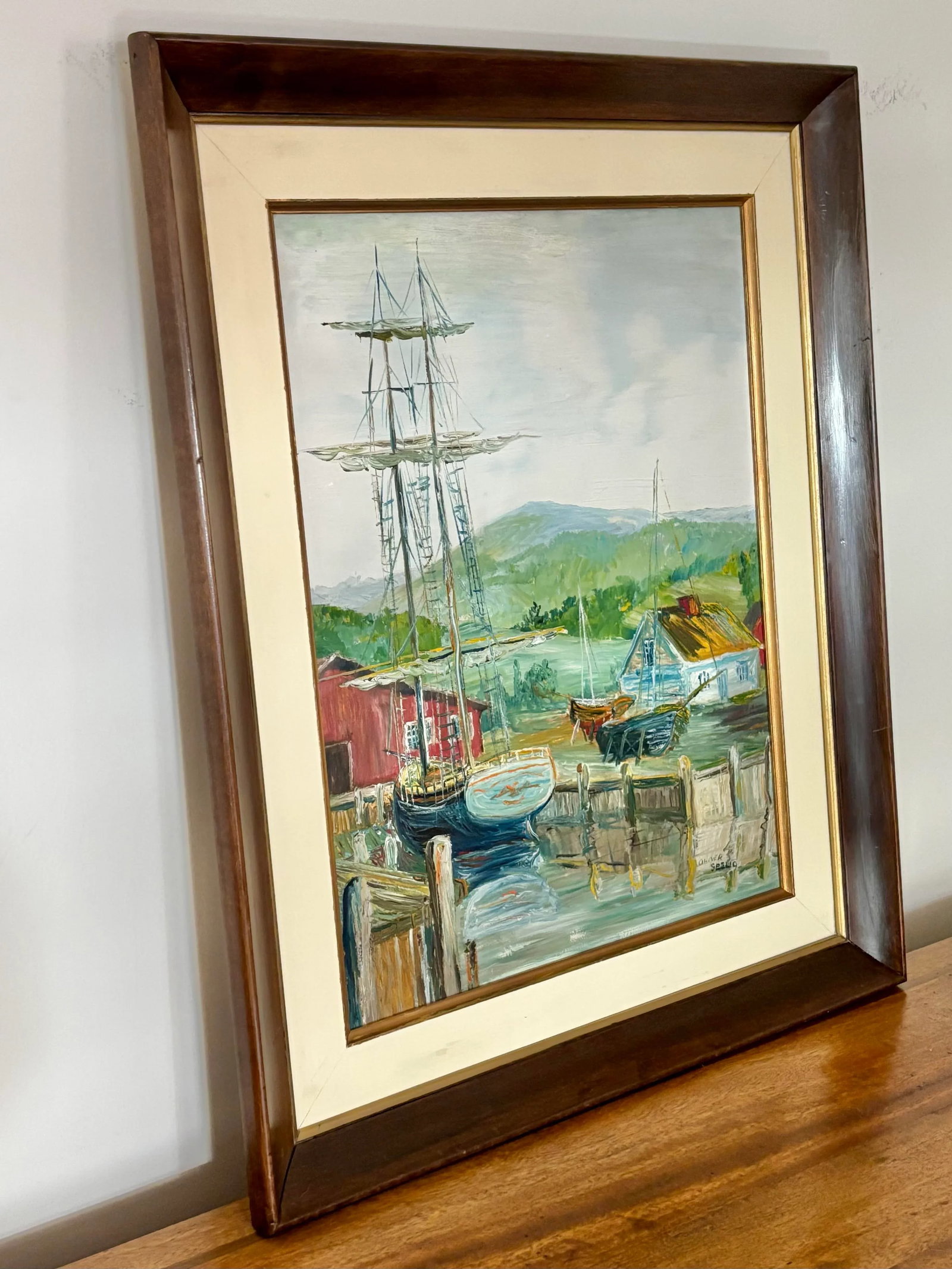 Vintage American Impressionist Oil Painting Coastal Harbor by Oliver Seelio - 5