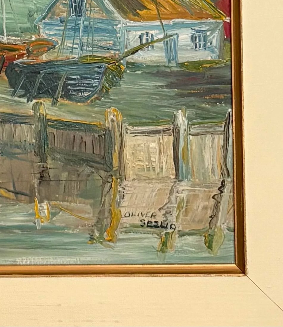 Vintage American Impressionist Oil Painting Coastal Harbor by Oliver Seelio - 6