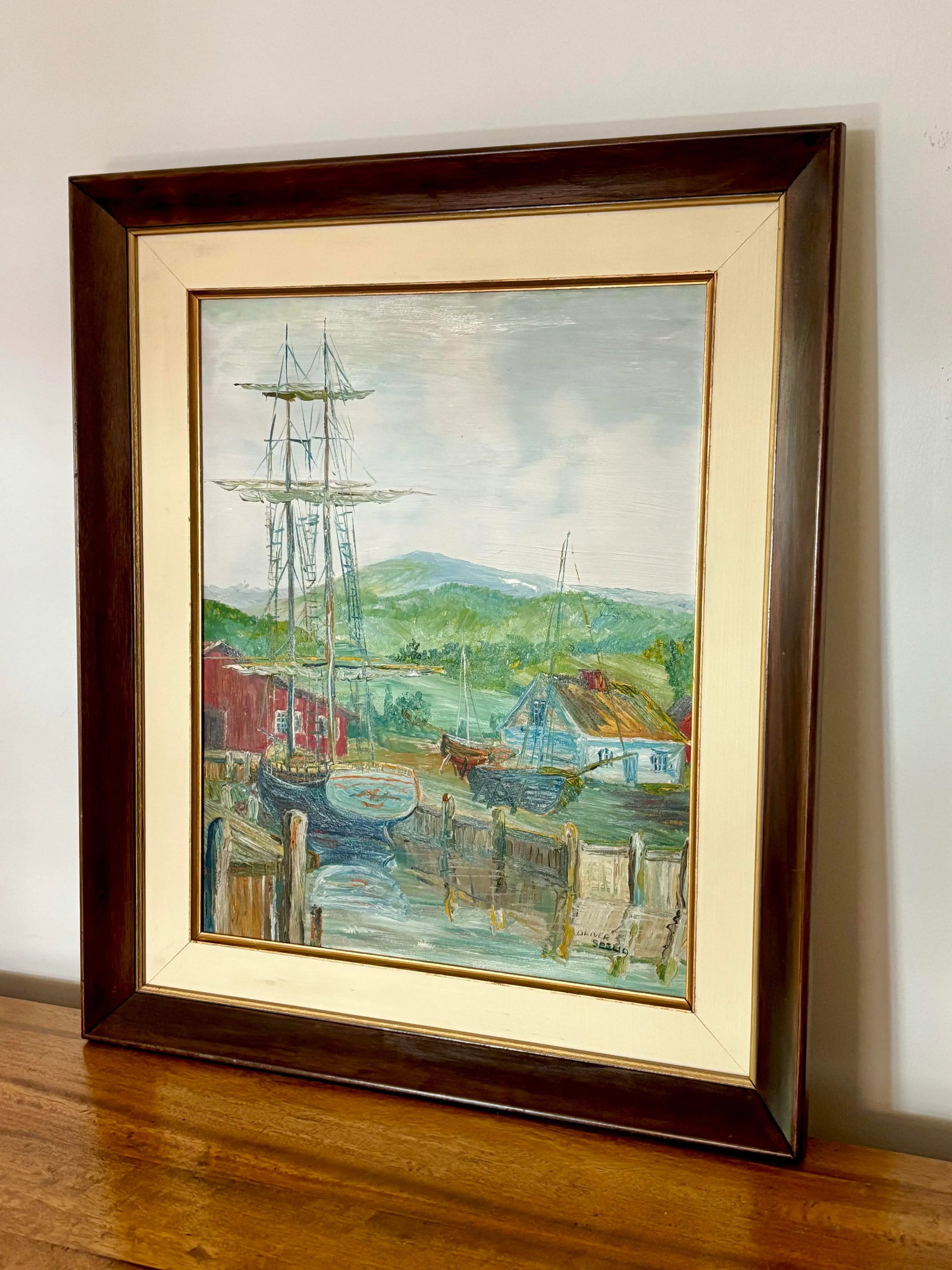 Vintage American Impressionist Oil Painting Coastal Harbor by Oliver Seelio - 9
