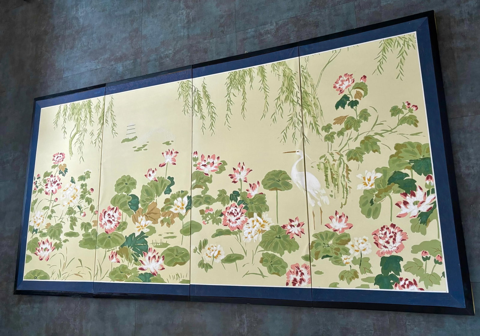 Antique Japanese Byobu Four-Panel "Lotus and Heron" Screen - 12