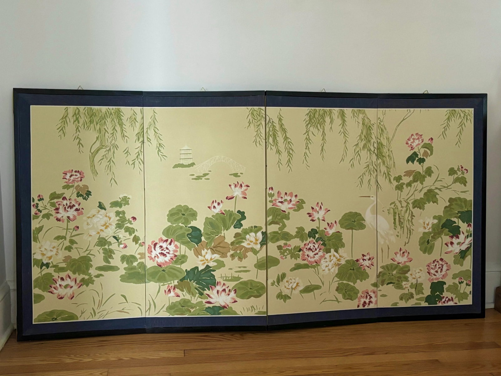 Antique Japanese Byobu Four-Panel "Lotus and Heron" Screen - 2