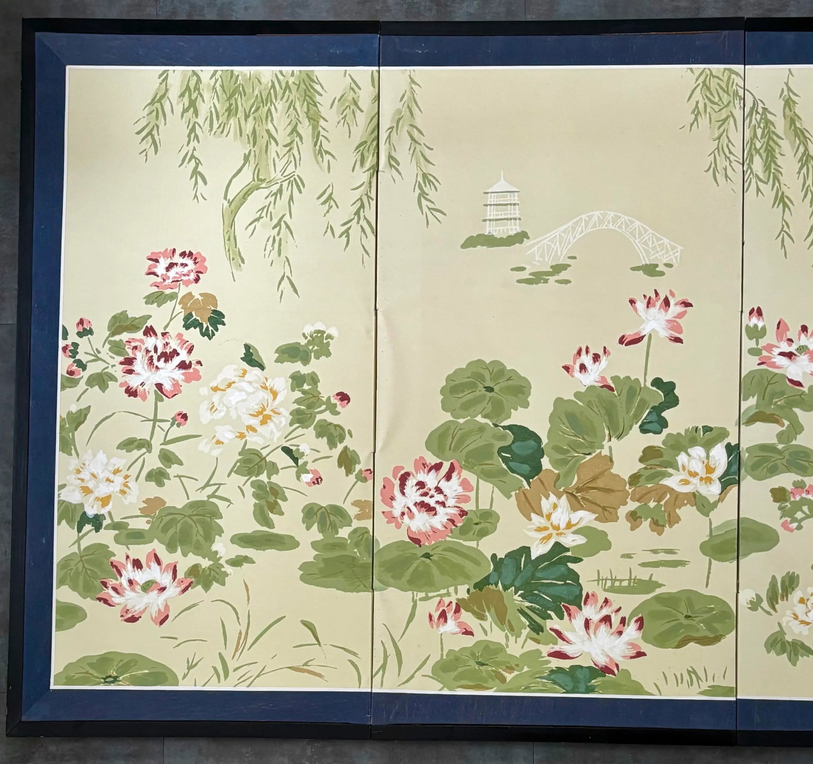 Antique Japanese Byobu Four-Panel "Lotus and Heron" Screen - 3